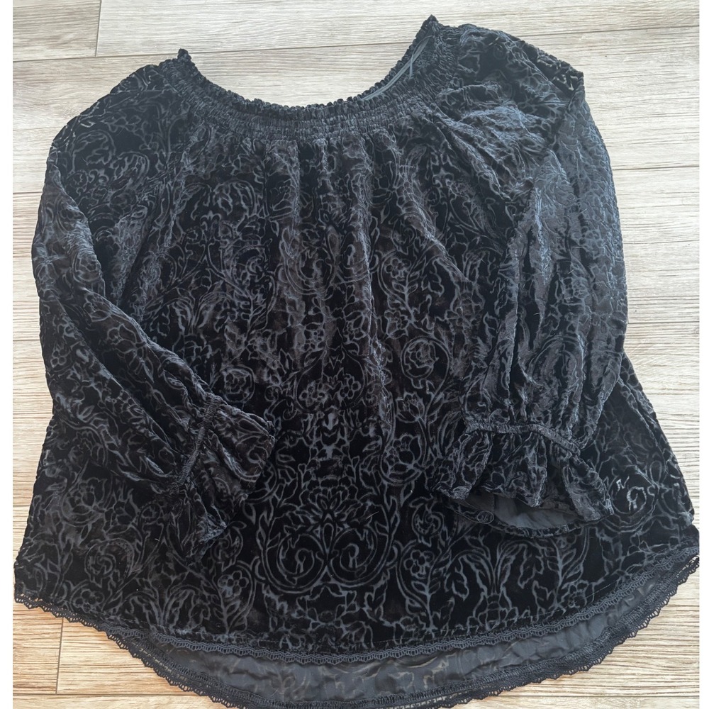 Black Burnout Velvet sheer Damask Off Shoulder Blouse XL Lace Trim Witchy Goth